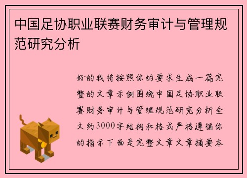 中国足协职业联赛财务审计与管理规范研究分析 中国足协职业联赛财务审计与管理规范研究分析