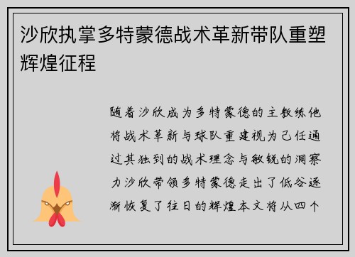 沙欣执掌多特蒙德战术革新带队重塑辉煌征程